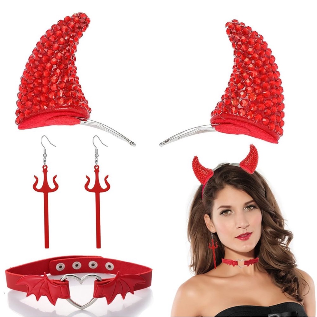 Halloween Devil Costume Accessory Devil Horns Hair Clips Devil Choker Necklace